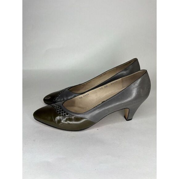 Salvatore Ferragamo Gray Leather Green Dress Heels Women’s Sz 10AA US/40.5EU - Picture 1 of 15